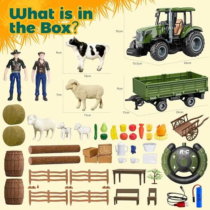 Remote Control Tractor with Trailer - Farm Toys Set Including Animals, Fruits, Vegetables, and Farmer Figures, Toddlers Farm Vehicle Toys for 3 4 5 6 7 8 9 Year Old Boys Girls Birthday Gifts by GreenHaven Gardens