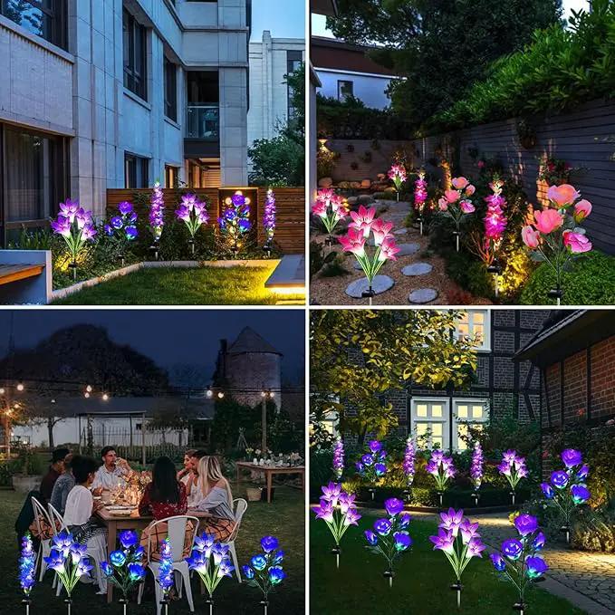 Solar Flowers Lights, 6 Pack Lily Rose Delphinium, Waterproof Gardening Gifts for Mom, Multi-Color Changing Outdoor Lights for Garden, Yard, Patio, Lawn by GreenHaven Gardens