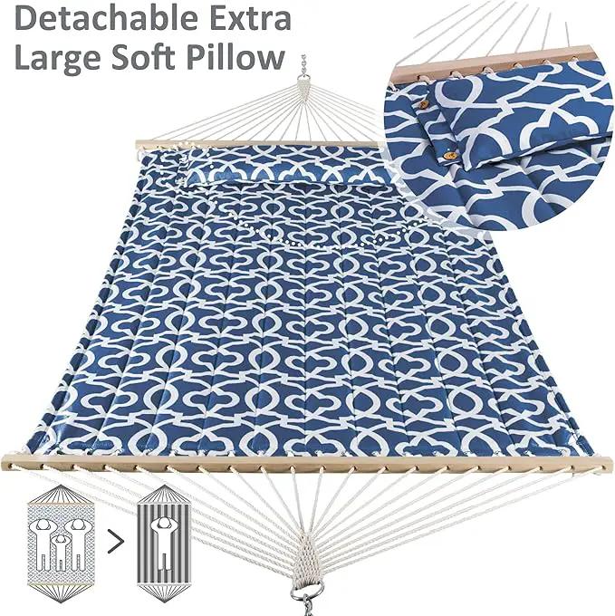 SUNCREAT Two Person Hammock with Stand, 475 lbs Capacity, Portable Patio Hammock with Hardwood Spreader Bar, Large Soft Pillow, Blue Pattern by GreenHaven Gardens