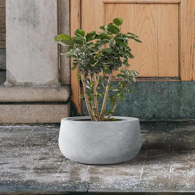 Kante 11.8" Dia Round Concrete Planter, Cement Plant Pots with Drainage Hole and Rubber Plug for Outdoor Indoor Garden Home, Modern Curvaceous Design, Gray by GreenHaven Gardens