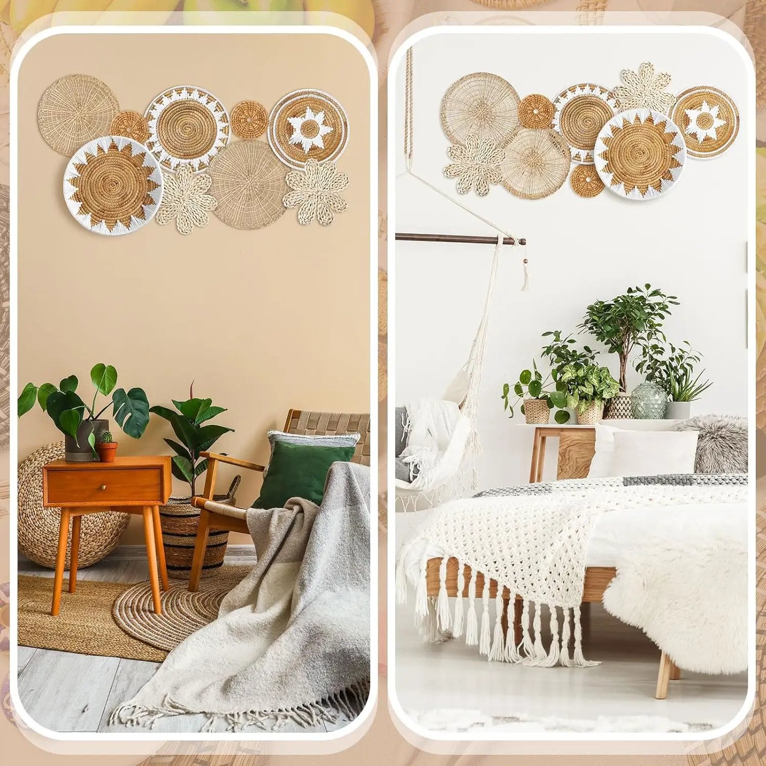 Xuhal Set of 8 Hanging Woven Wall Basket Handmade Decorative Rustic Boho Basket Decor Handcrafted Wicker Round Seagrass Wall Art for Home Kitchen Farmhouse Table Living Room by GreenHaven Gardens
