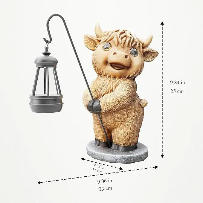Highland Cow Statues with Solar Lights, Highland Cow Resin Figurine Lights, Highland Cow Ornaments for Patio, Balcony, Indoor Decoration and as Gifts by GreenHaven Gardens