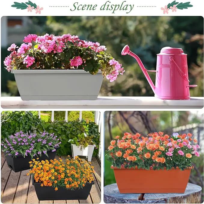 12Pcs 17Inches Rectangle Planter Box with Drainage Holes and Trays Plastic Planters Flower Boxes Pots for Indoor Outdoor Plants Patio Garden Home Decor Porch Yard (Red) by GreenHaven Gardens