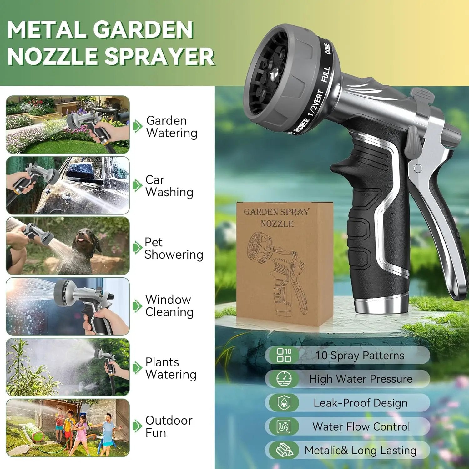 Garden Hose Nozzle, Heavy Duty Metal Water Hose Nozzle with 8 Adjustable Spray Patterns, High Pressure Hand Sprayer with Flow Control for for Garden Watering, Car & Pet Washing by GreenHaven Gardens