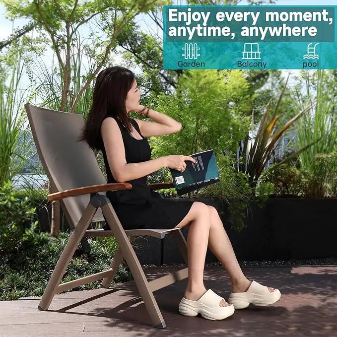 Adjustable Folding Chair, Indoor & Outdoor Balcony, Patio Porch, Garden Lawn, Pool, for Comfortable Foldable Chairs, Portable Cozy Recliner, Metal Frame with Teak armrest, Durable by GreenHaven Gardens