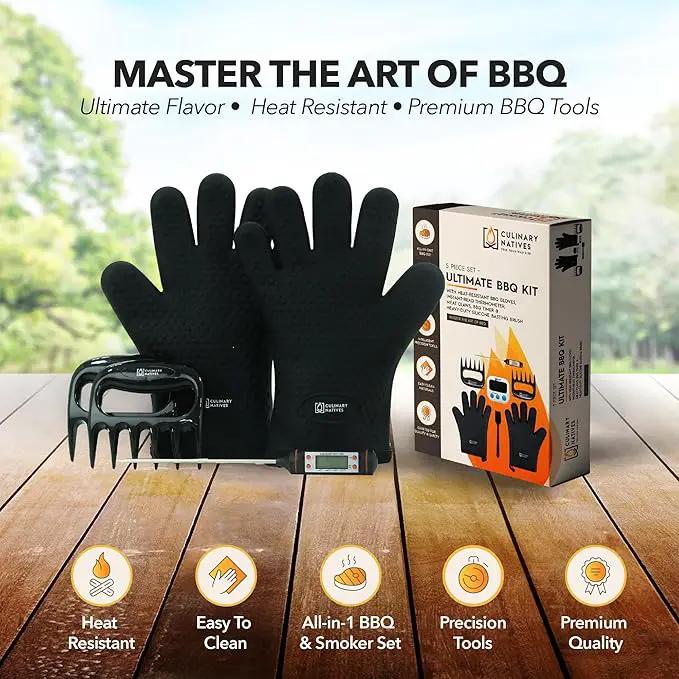 Meat Claws and Smoker Gloves | No.1 Heat Resistant BBQ Grill Gloves | Pulled Pork Claws | Thermometer | Silicone Oven Mitts & Razor-Edge Meat Shredders | Barbecue, Grilling, Smoking, Shredding (Black) by GreenHaven Gardens