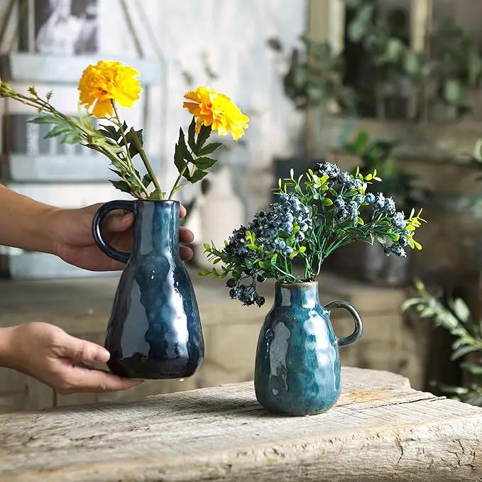 Ceramic Vase Set of 2, Blue Glazed Small Pottery Vases with Handles, Decorative Clay Vase Modern Farmhouse Decor, Centerpiece Dining Table Decorations Porcelain by GreenHaven Gardens