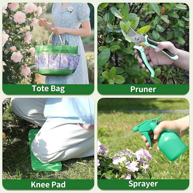 Garden Tool Set,10 Piece Garden Kit,Heavy Duty Stainless Steel Gardening Hand Tools with Durable Storage Tote,Rust-Proof Garden Tools,Gardening Gifts for Women Men Pink Floral Pattern Design by GreenHaven Gardens
