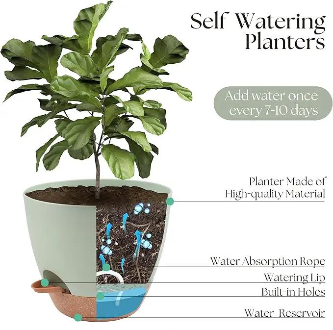 Plant Pots 12/10/9 inch Set of 3, Self Watering Flower Pots Indoor Outdoor, Planters with Drainage Hole Saucer Reservoir, Green by GreenHaven Gardens