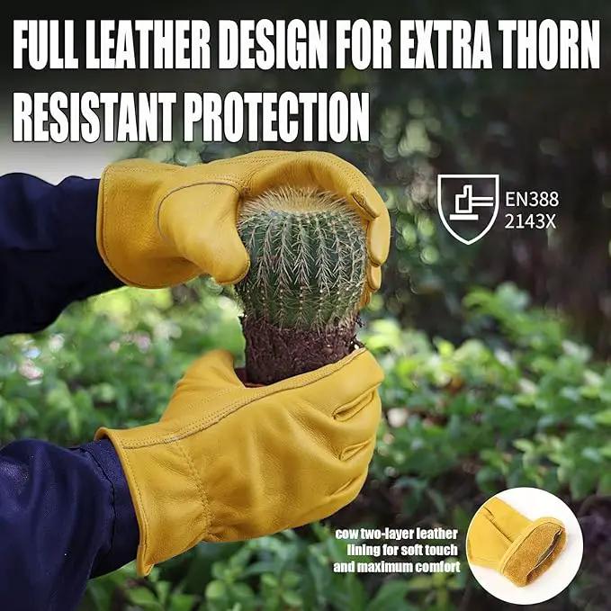 OZERO Leather Work Gloves Flex Grip Stretchable Tough Cowhide Work Gloves 1 Pair (Gold, Medium) by GreenHaven Gardens