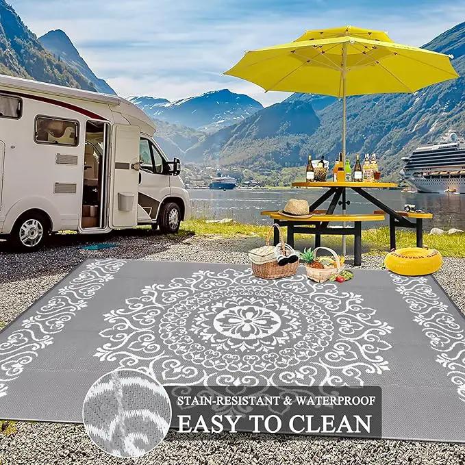 Pauwer Waterproof Outdoor Rug 9x12, Reversible Plastic Straw Patio Camping Rug, Indoor Outdoor RV Mat Carpet for Deck, Camper, Porch, Balcony, Backyard, Picnic, Floral Grey by GreenHaven Gardens