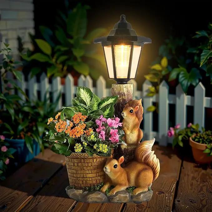 Solar Squirrels Outdoor Statues, Garden Sculptures with Flowerpot Decor & Solar Lantern for Yard Art Lawn Ornaments Porch Patio Balcony - Birthday Gifts for Women Mom by GreenHaven Gardens