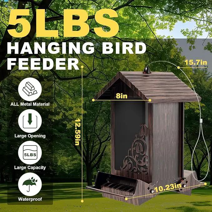 Squirrel Proof Bird Feeder for Outdoor Hanging,Metal Bird Seed Feeder with Bilateral Weight Activated Perches,5LB Large Capacity Wild Bird Feeders for Outside,Easy Refill and Clean,Brown by GreenHaven Gardens