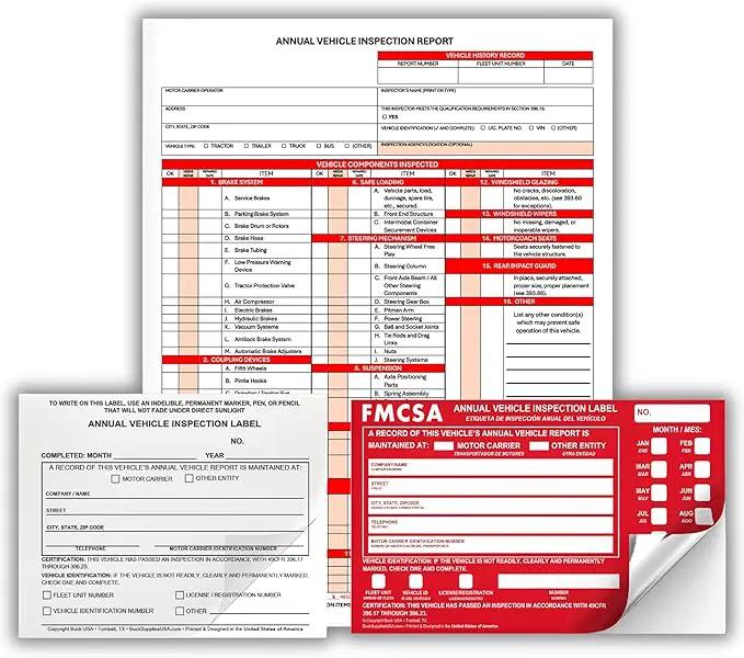 5 Pack 3-Ply Carbonless Annual Vehicle Inspection Report Forms with FMCSA Red Aluminum Labels & White Mylar Laminate Vinyl Labels, DOT Inspection Forms and Stickers, Shrink-Wrapped, 8.5" x 11.75" by GreenHaven Gardens
