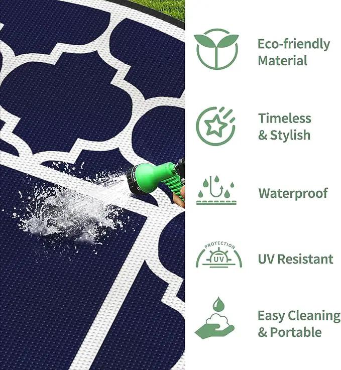 GENIMO 8' Round Outdoor Rug Waterproof for Patio Decor, Foldable Reversible Plastic Straw Area Rugs Mat for Rv, Outside Carpet for Camper, Deck, Picnic, Beach, Balcony, Camper, Blue & White by GreenHaven Gardens