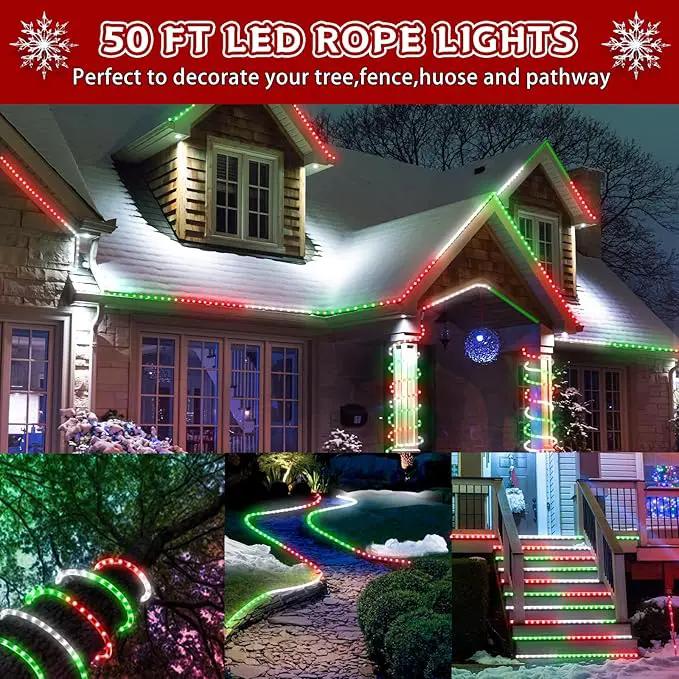 Christmas Rope Lights Outdoor, 50Ft 600 LED Red White Green String Light, Waterproof Tube Light Plug in 8 Modes Timer Memory, Permanent Christmas Lights for Tree Fence Garden Party Decorations by GreenHaven Gardens