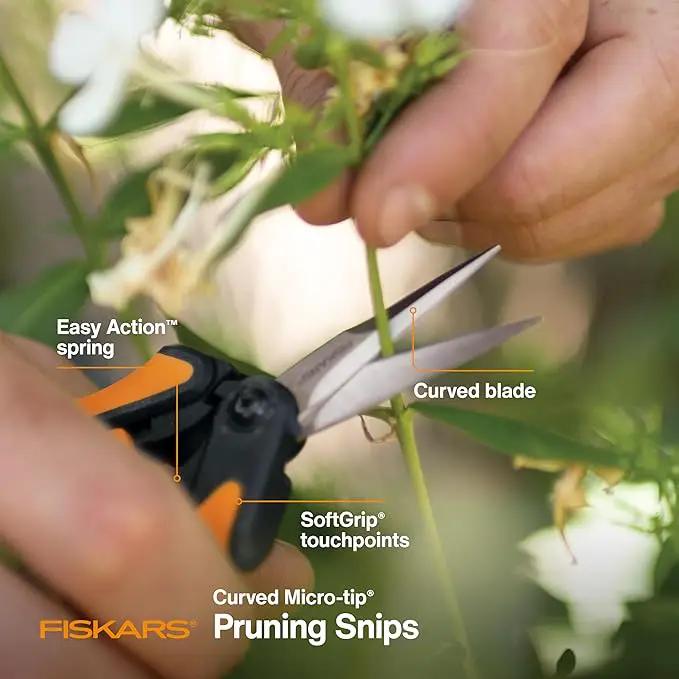 Fiskars Curved Micro-Tip Pruning Snips - 6" Garden Shears with Sheath and SoftGrip Handle - Yard and Garden Tools - Orange/Black by GreenHaven Gardens