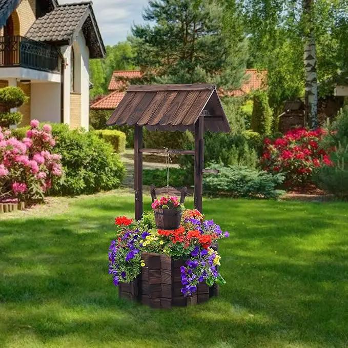 Wooden Wishing Wells for Outdoors with Hanging Bucket, Wishing Well Planters Rustic Style Patio Garden Ornamental, Brown by GreenHaven Gardens