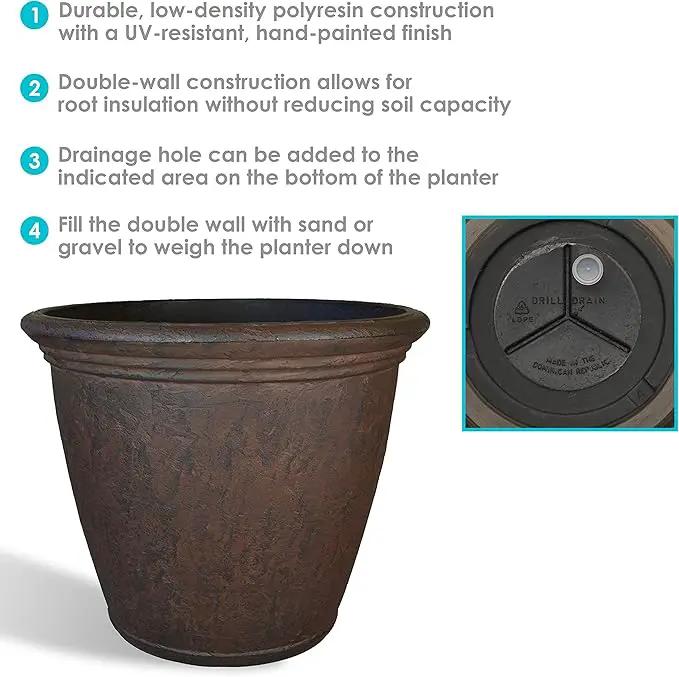 Sunnydaze 15.25-Inch Anjelica Large Plastic Pot for Plants - Outdoor Polyresin Round Planter with Drillable Drainage Holes - Rust - 4pk by GreenHaven Gardens