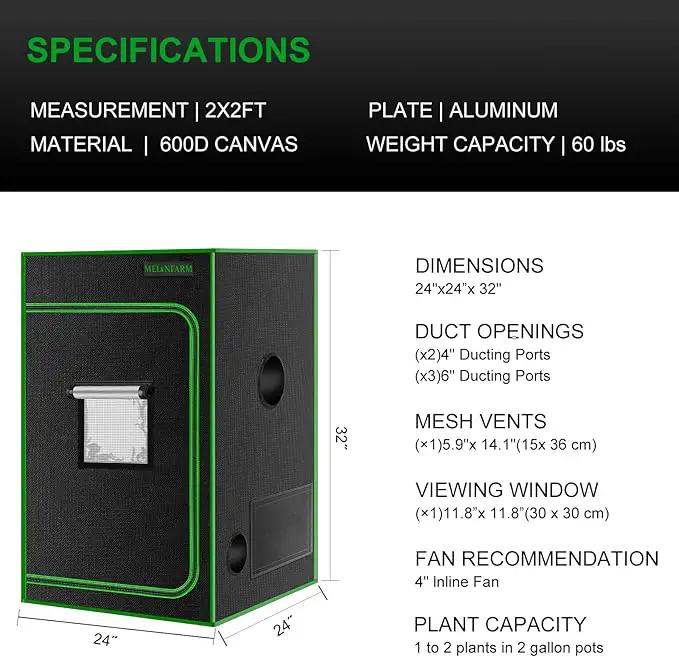 MELONFARM 24"x24"x32'' Grow Tent, High Reflective 600D Diamond Mylar Canvas with Observation Window and Floor Tray for Hydroponic Indoor Plant Growing by GreenHaven Gardens
