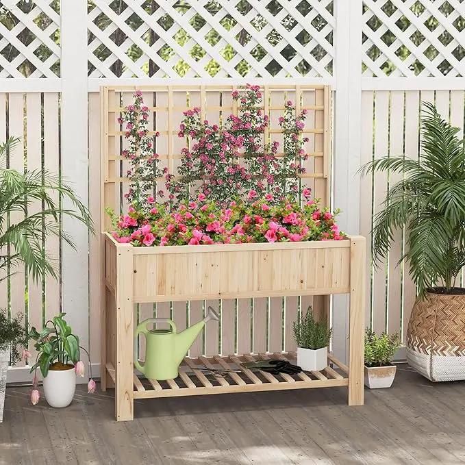 Giantex Raised Garden Bed with Trellis, Wooden Elevated Planter Box with Legs, Drainage Holes for Climbing Plants Vines Vegetables Flowers Herbs, Outdoor Horticulture Planter for Patio Yard by GreenHaven Gardens