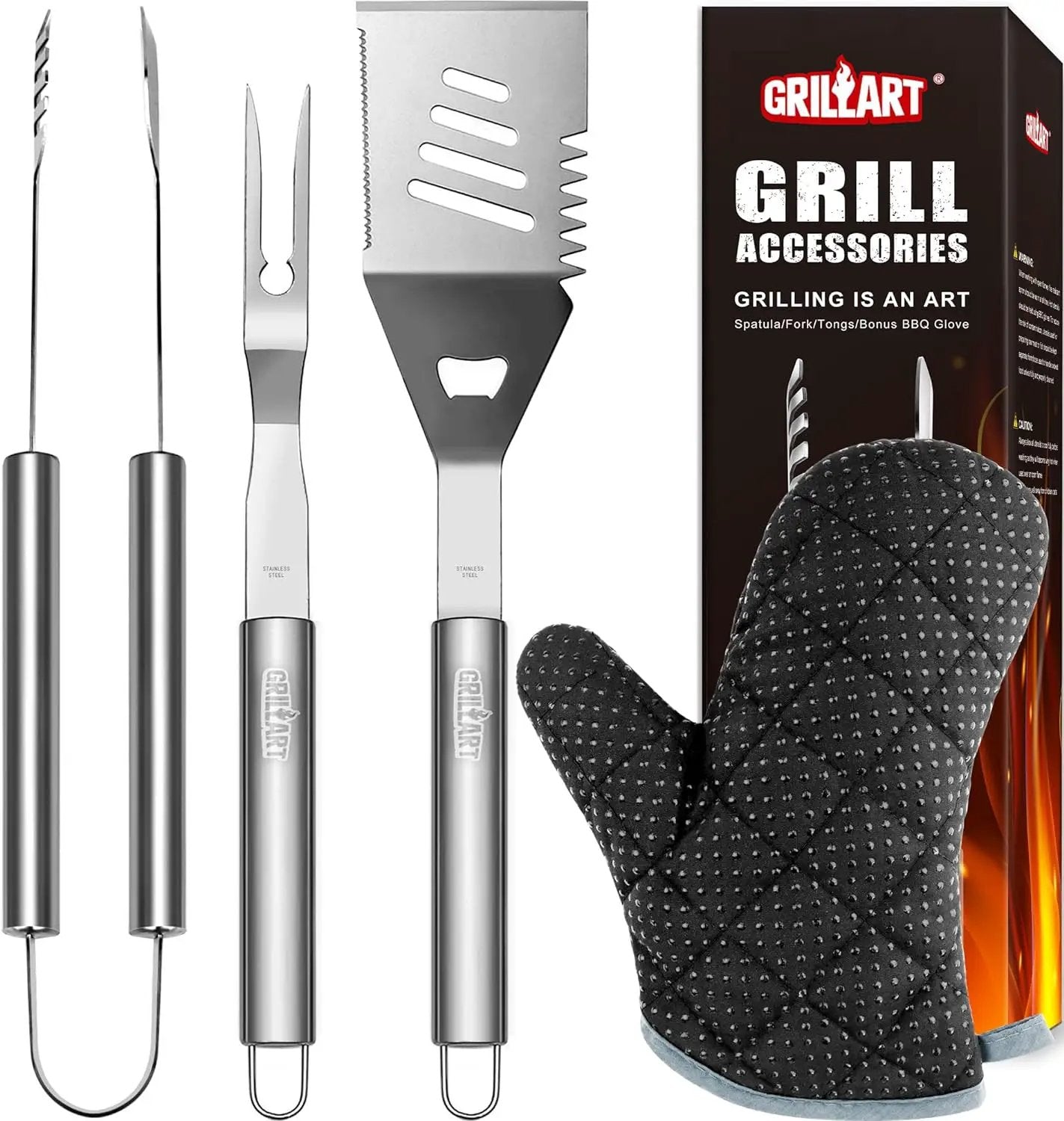 GRILLART Grill Tools Grill Utensils Set - 3PCS BBQ Tools, Stainless Barbeque Grill Accessories -Spatula/Tongs/Fork w/Insulated Glove, Ideal BBQ Set Grilling Tools for Outdoor Grill, Gifts for Men Dad by GreenHaven Gardens
