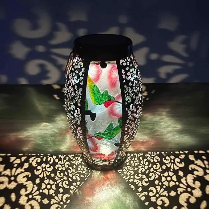 Hummingbird Solar Lanterns Glass & Metal Hanging Lantern Outdoor Waterproof 16" H Tabletop Light with Hollowed-Out Design for Garden Patio Table Decor Mother's Day Gift by GreenHaven Gardens