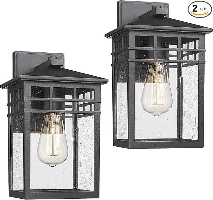 Outdoor Light Fixture Wall Mount, Modern Exterior Lights Fixture Wall Sconces with Seeded Glass for Front Porch, Farmhouse Waterproof Black Carriage Lantern Lamp Outside for Home, Garage, 2 Pack by GreenHaven Gardens