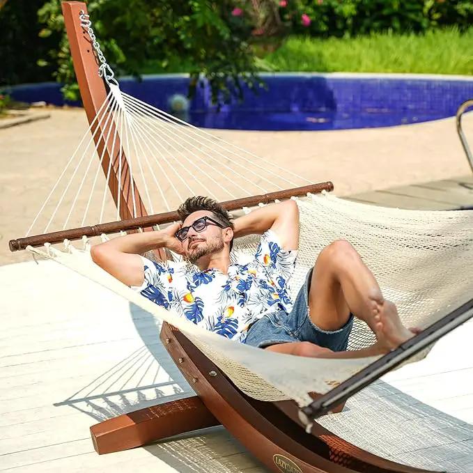 Lazy Daze Hammocks 10.5 FT Double 2 Person Caribbean Rope Hammock, Hand Woven Polyester Hammock with Spreader Bars, for Outside Outdoor Backyard Patio Poolside,450 LBS Capacity, Cream by GreenHaven Gardens