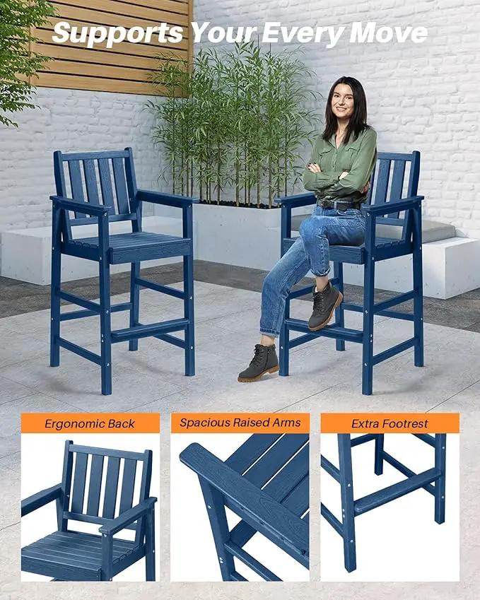 3 Pieces HDPE Outdoor Patio Bar Set, Rectangular Outdoor Bar Height Table and Chairs Set, Adirondack Patio Bar Stools Set, Outdoor Bar Table and Chairs Set for Balcony, Poolside, Porch, Navy by GreenHaven Gardens