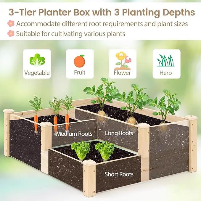 HAPPYGRILL 3-Tier Raised Garden Bed, Wood Elevated Planter Box w/Open-Ended Base, 3 Planting Depths& 2 Arrangement Options for Yard Lawn, Outdoor Planter Raised Beds for Vegetables Herbs Fruits by GreenHaven Gardens