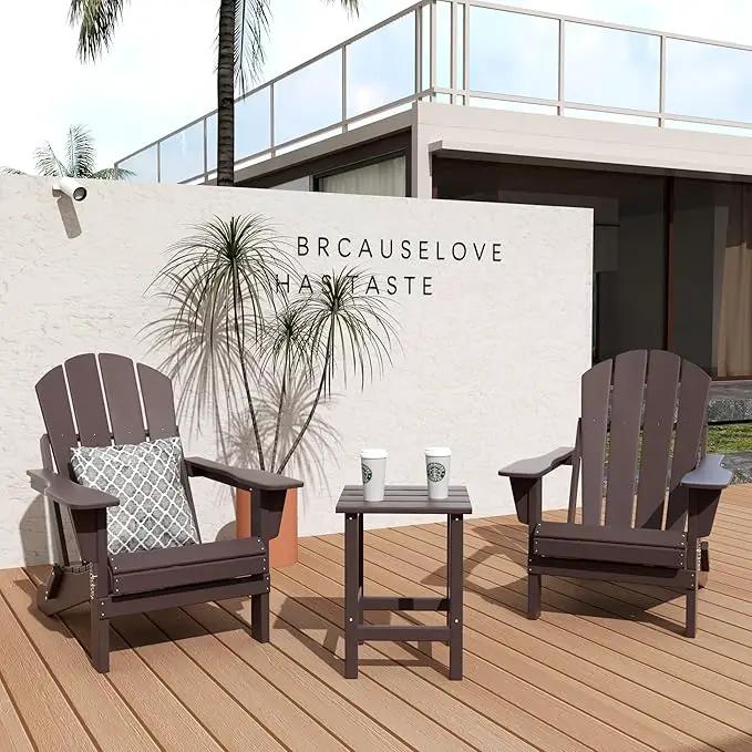 WO Home Furniture Adirondack Chairs Table Set of 3 PCS Outdoor Folding Chairs Side End Table Weather/UV Resistant for Lawn, Garden, Bon Fire, Balcony (Dark Brown) by GreenHaven Gardens