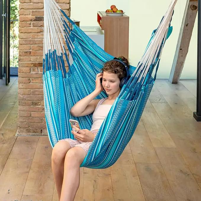 LA SIESTA - Large Comfort Habana Cotton Hammock & Romano Steel Stand - Indoor Outdoor Hanging Chair Swing for Bedroom Porch Balcony - Boho Hanging Chair - Azure by GreenHaven Gardens
