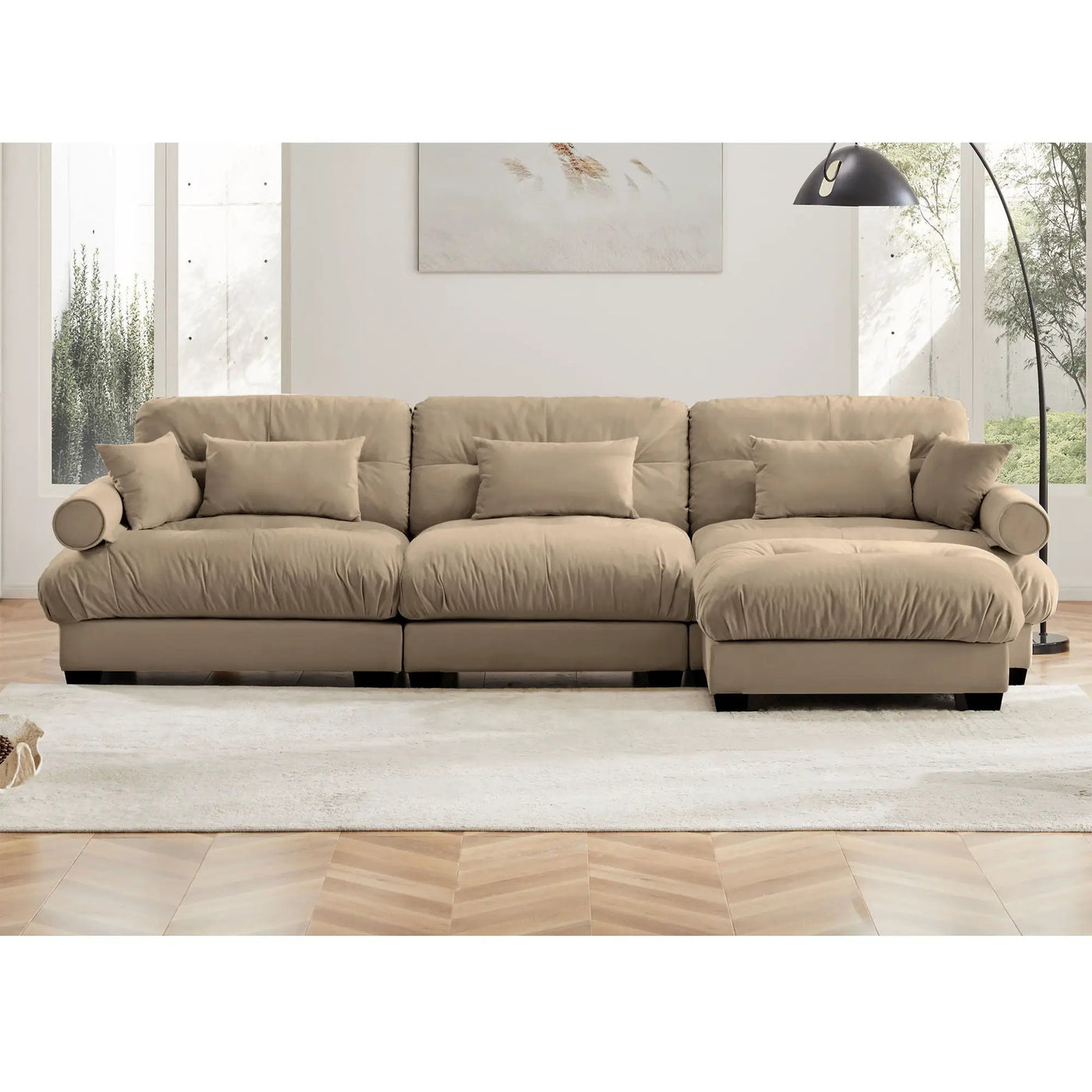 Modern Sectional Sofa With Ottoman, Round Bolster Armrests, Waist And Throw Pillows by HouseOfZazla