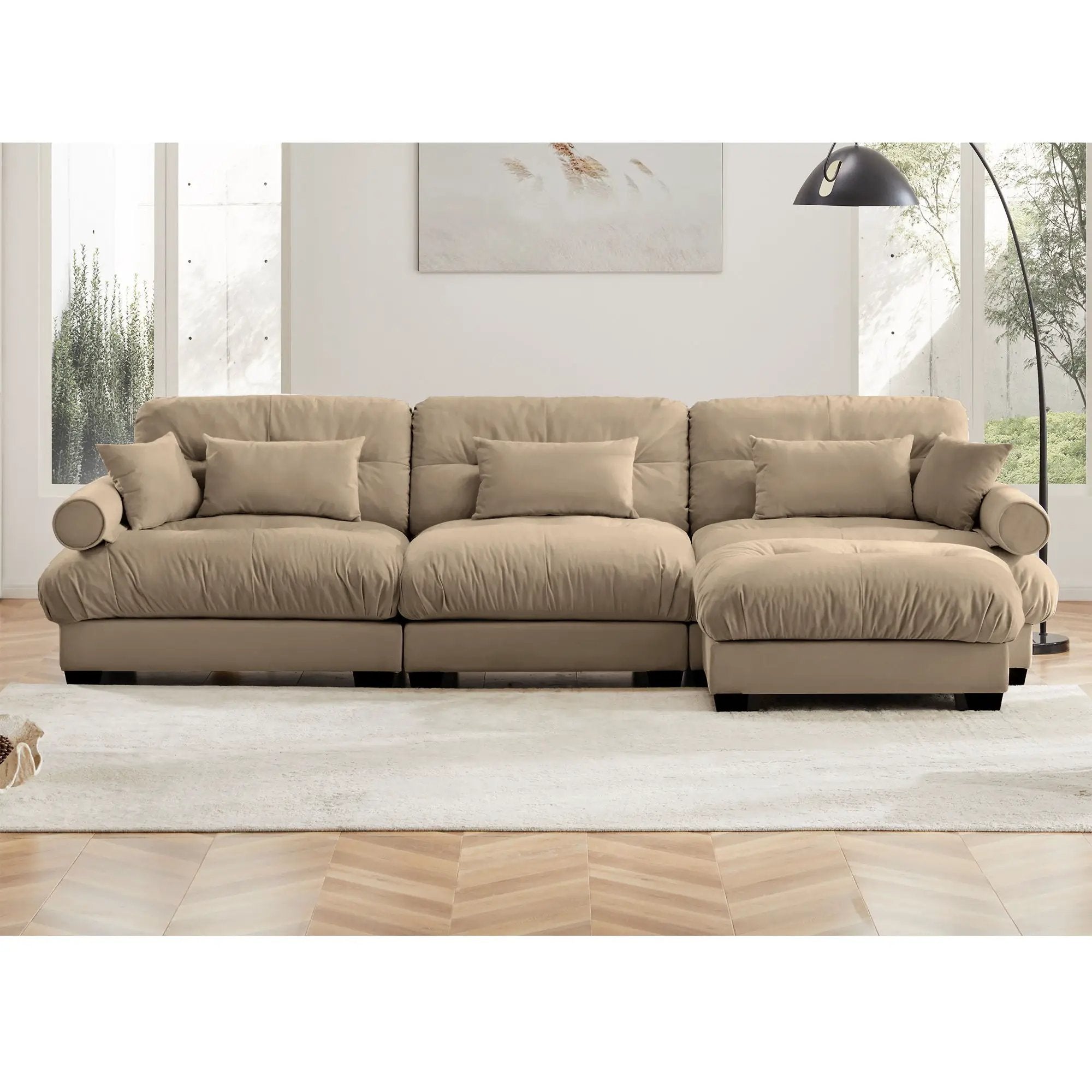 Modern Sectional Sofa With Ottoman, Round Bolster Armrests, Waist And Throw Pillows by HouseOfZazla