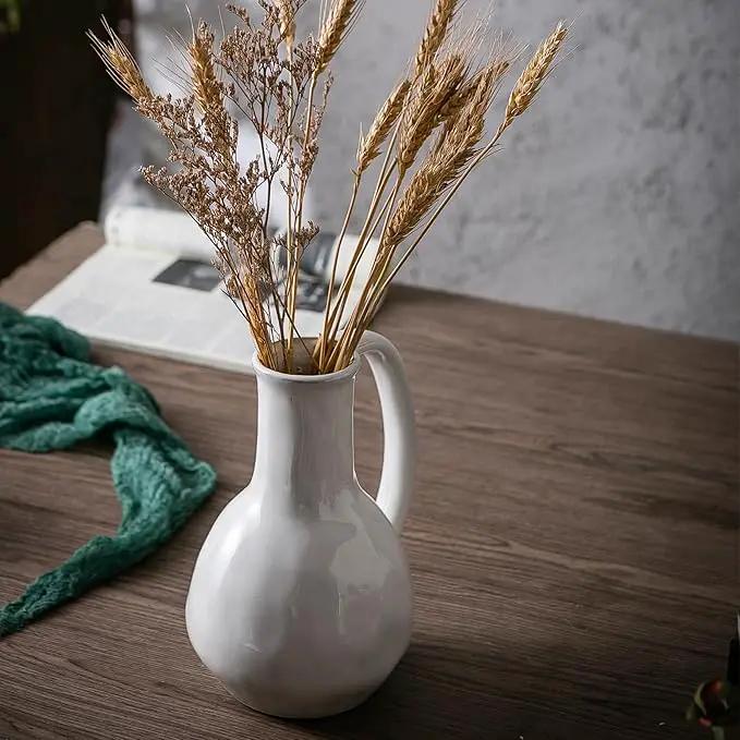 White Ceramic Vase with Big Handles, Modern Farmhouse Decor, Rustic Pottery for Flowers, Decorative Terracotta Centerpiece for Dining Table by GreenHaven Gardens