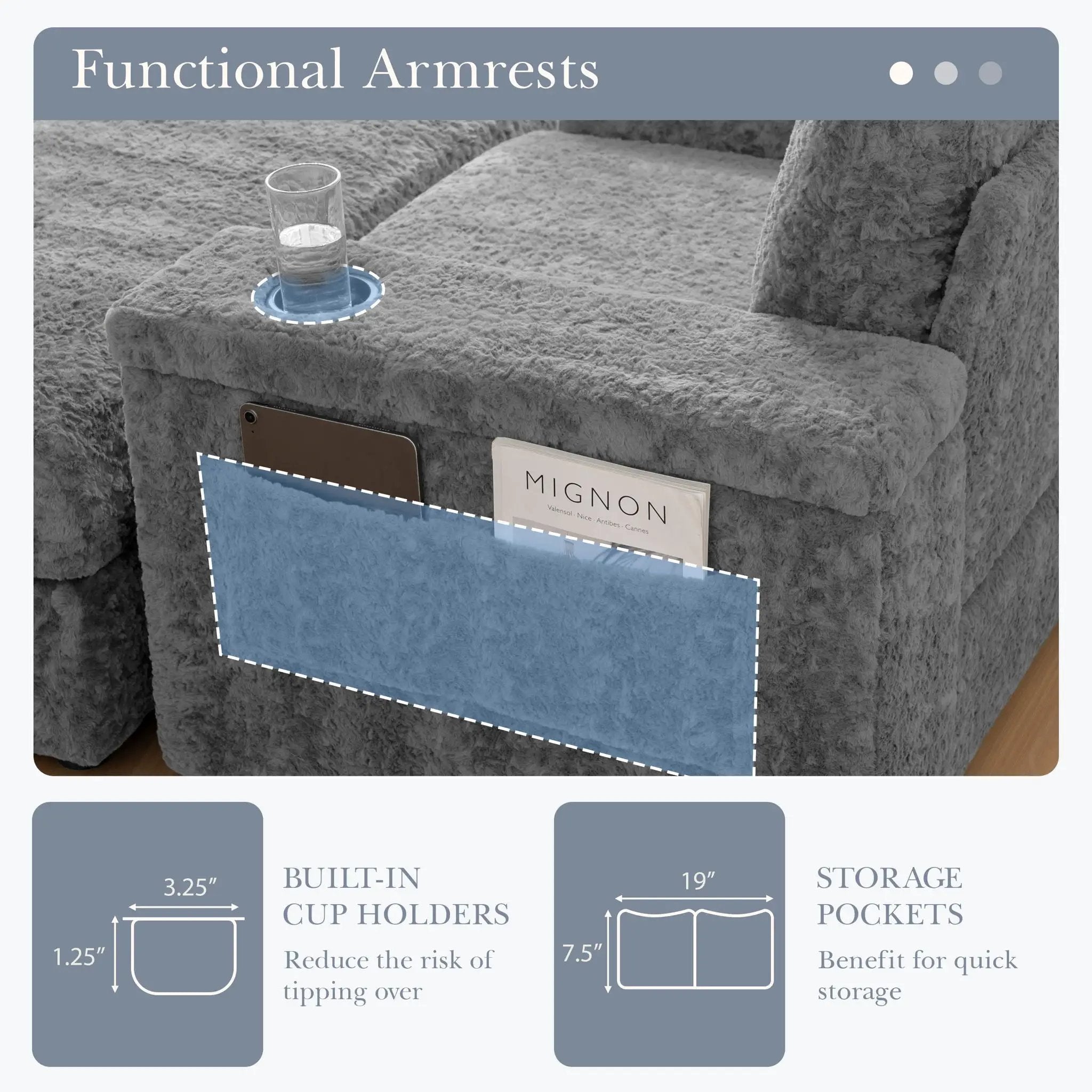 Oversized Chaise Lounge Indoor Rabbit Fur Sofa Bed With Storage Ottoman And Armrests Cup Holders With Deep Seat by Unique Piece Furniture