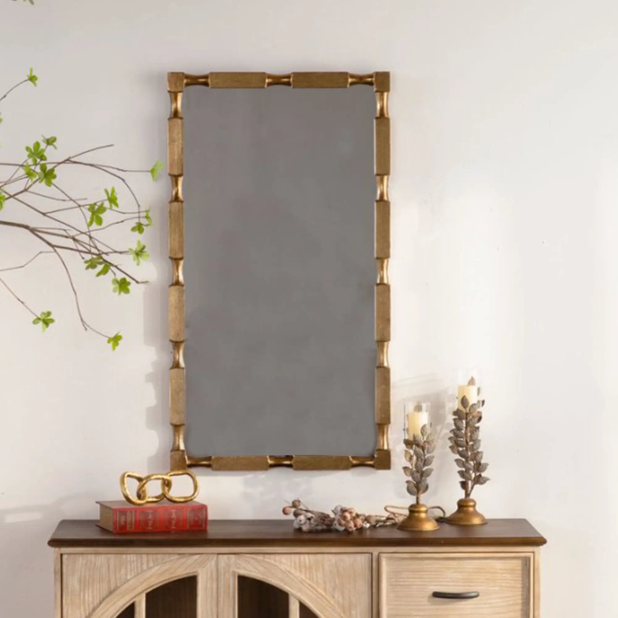 Gold Bamboo-Style Rectangular Wall Mirror, Textured Frame for Living Room/Bedroom/Entryway by HouseOfZazla