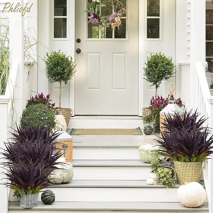 6Pcs Artificial Grass Fake Grass Plants 17.3in Outdoor Plants UV Resistant Faux Greenery Stems for Home Window Garden Office Patio Pathway Front Porch Halloween Décor Light Green & Purple by GreenHaven Gardens