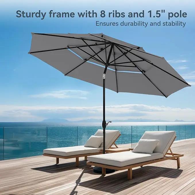 PHI VILLA 10ft Outdoor Patio Umbrellas for Outside, 3 Tier Vented Market Table Umbrella Windproof for Backyard, Deck, Garden, 1.5" Pole, Grey（No Base） by GreenHaven Gardens