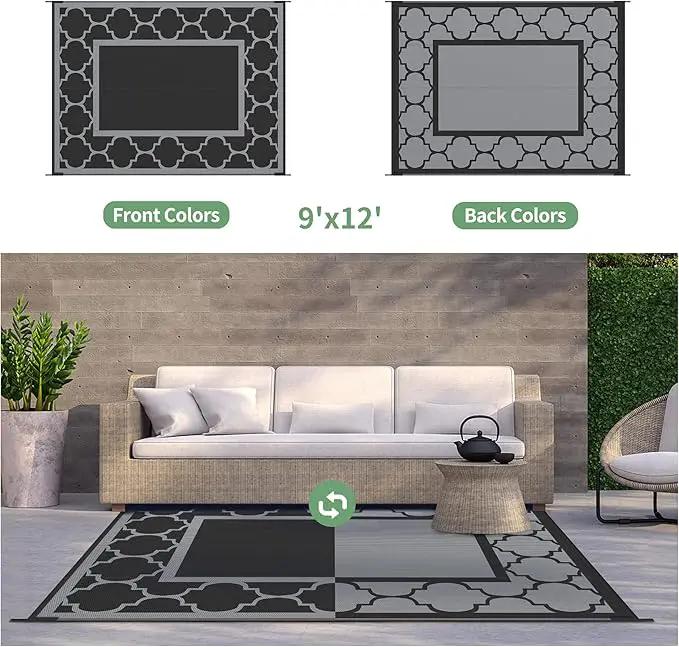 GENIMO Outdoor Rug 9' x 12' Waterproof for Patio Decor, Reversible Plastic Straw Area Rugs Mat for Camper, Outside Carpet for Camping, Rv, Deck, Porch, Picnic, Beach, Balcony, Black & Grey by GreenHaven Gardens