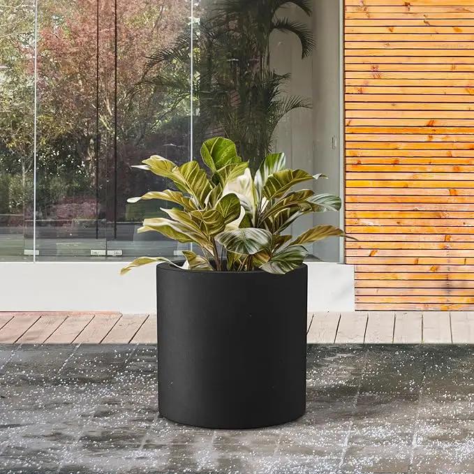 Kante 9.8" Dia Round Concrete Planter, Modern Style Large Cylindrical Plant Pot with Drainage Hole and Rubber Plug for Indoor Outdoor Patio, Black by GreenHaven Gardens