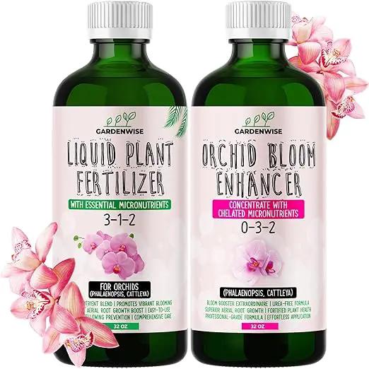Orchid Fertilizer – Complete Orchid Plant Food Set 3-1-2 & 0-3-2 Liquid Fertilizers for Blooming, Root Growth – Optimal Orchids Care (2 x 32 OZ Bottles) by GreenHaven Gardens