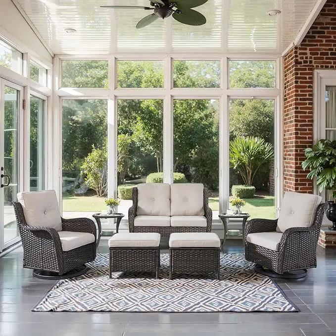 Outdoor Patio Furniture Set - 7 Piece Brown Wicker Conversation Patio Furniture Set All Weather Swivel Chairs with Ottoman and Loveseat Glider Chair for Deck Balcony Backyard by GreenHaven Gardens