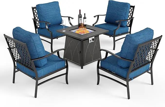 Patio Furniture Set with Fire Pit Table, 5 Pcs Metal Outdoor Conversation Set, 4 Single Chairs with 5.75" Extra Thick Cushion and 28" Fire Pit Table for Backyard Deck, Green Blue by GreenHaven Gardens