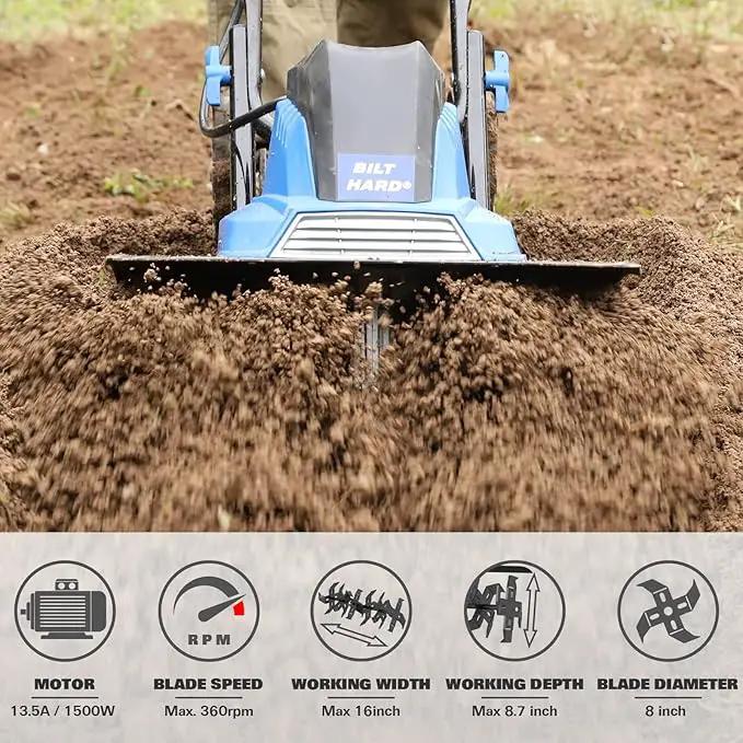 BILT HARD Tiller Cultivator 16 inch, 13.5 Amp 6 Steel Tines Tillers for Gardening Foldable, Electric Garden Rototiller with Adjustable Wheels by GreenHaven Gardens
