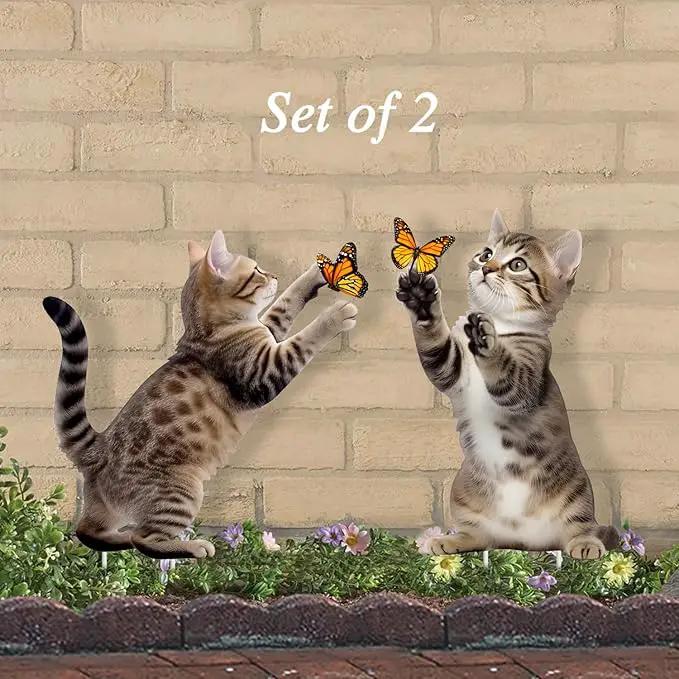 Metal Garden Stakes Decor,Cute Cats Playing with Butterflies Stakes, YGarden Statues Bird Repellent Cat Decorative Garden Stakes for Yard, Garden, Lawn Outdoor Decorations Set of 2 by GreenHaven Gardens