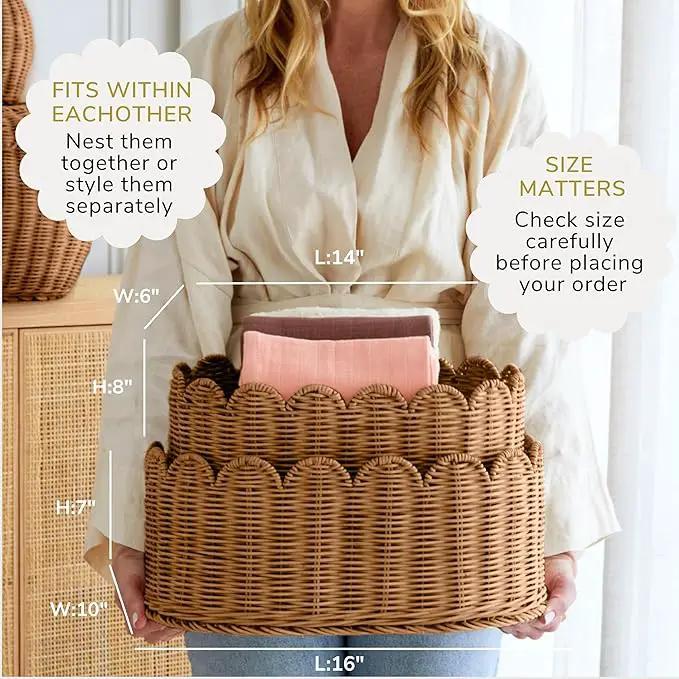 BEBE BASK Premium Scalloped Basket Set Of 2 - Scallop Basket - 16 x 10 x 7 Inch - Hand-Woven Elegant Wicker With Scalloped Edge - Nursery Storage (Mocca) by GreenHaven Gardens