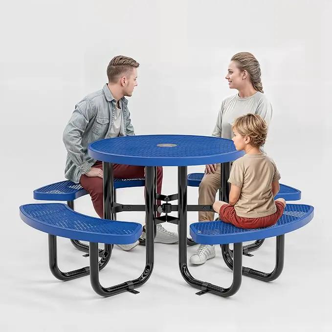 Metal Picnic Tables for Outdoors with Umbrella Hole - Coated Steel Heavy Duty Commercial Grade Table with Adjustable Seats (Blue, 38 in, Round, Expanded Steel) by GreenHaven Gardens