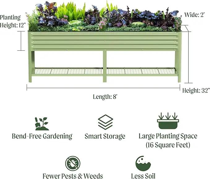 Elevated Raised Garden Bed-V Series, 2' x 8' Garden Beds with Legs & Storage Rack for Patio Porch, 1400 Lbs Weight Capacity, Outdoor Planter Boxes for Gardening Herbs Vegetables Flowers, Olive Green by GreenHaven Gardens